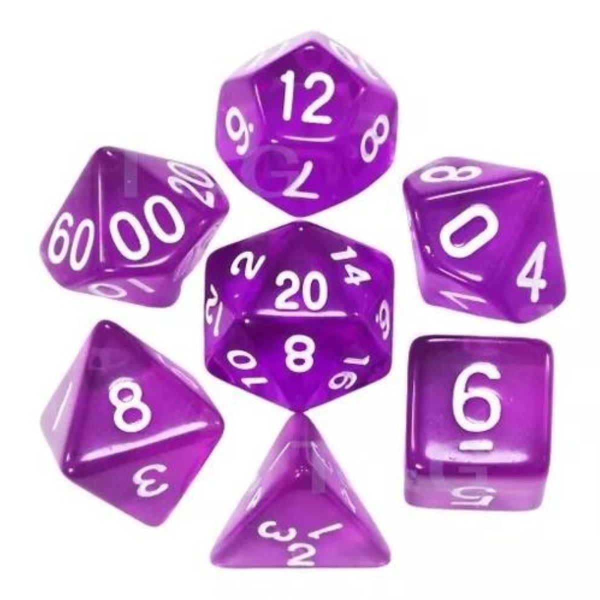 Conjunto de Dados para Rpg Lilás Translucido com N° Branco Conjunto de Dados para Rpg Lilás Translucido com N° Branco